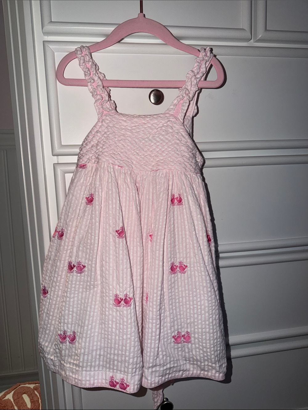 Pink Seersucker Sundress for Girls - Embroidered whale Detail